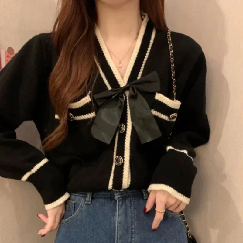 Aiertu Coquette Bow Cardigan Sweater Woman Elegant Knitted Tops Korean Fashion Sweet Cute Autumn Winter Long Sleeve Sweaters