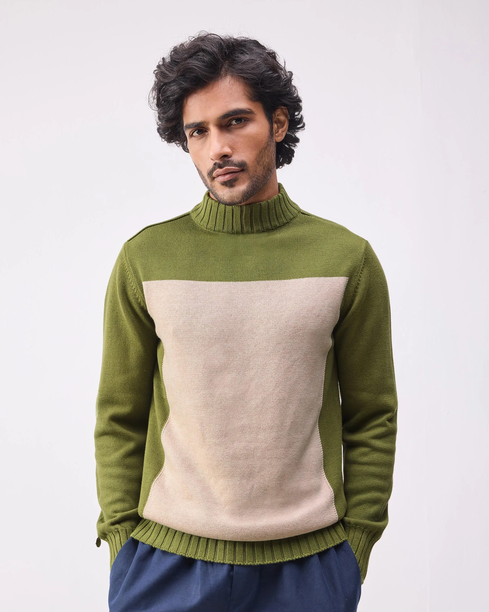 Boxed Sweater - Olive & Oatmeal