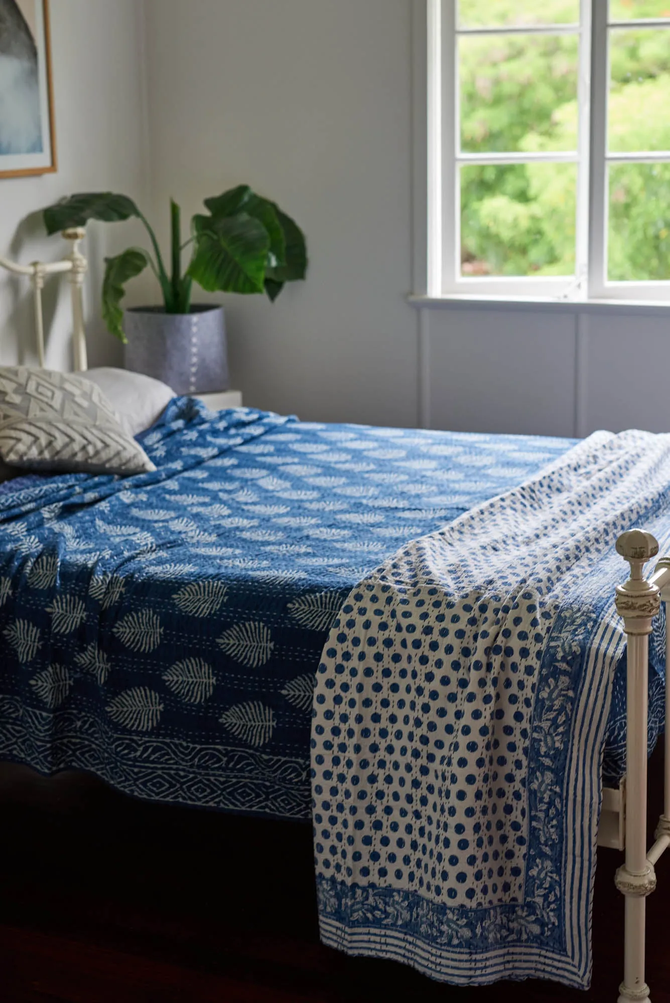 Kantha Quilt Indigo Leaves