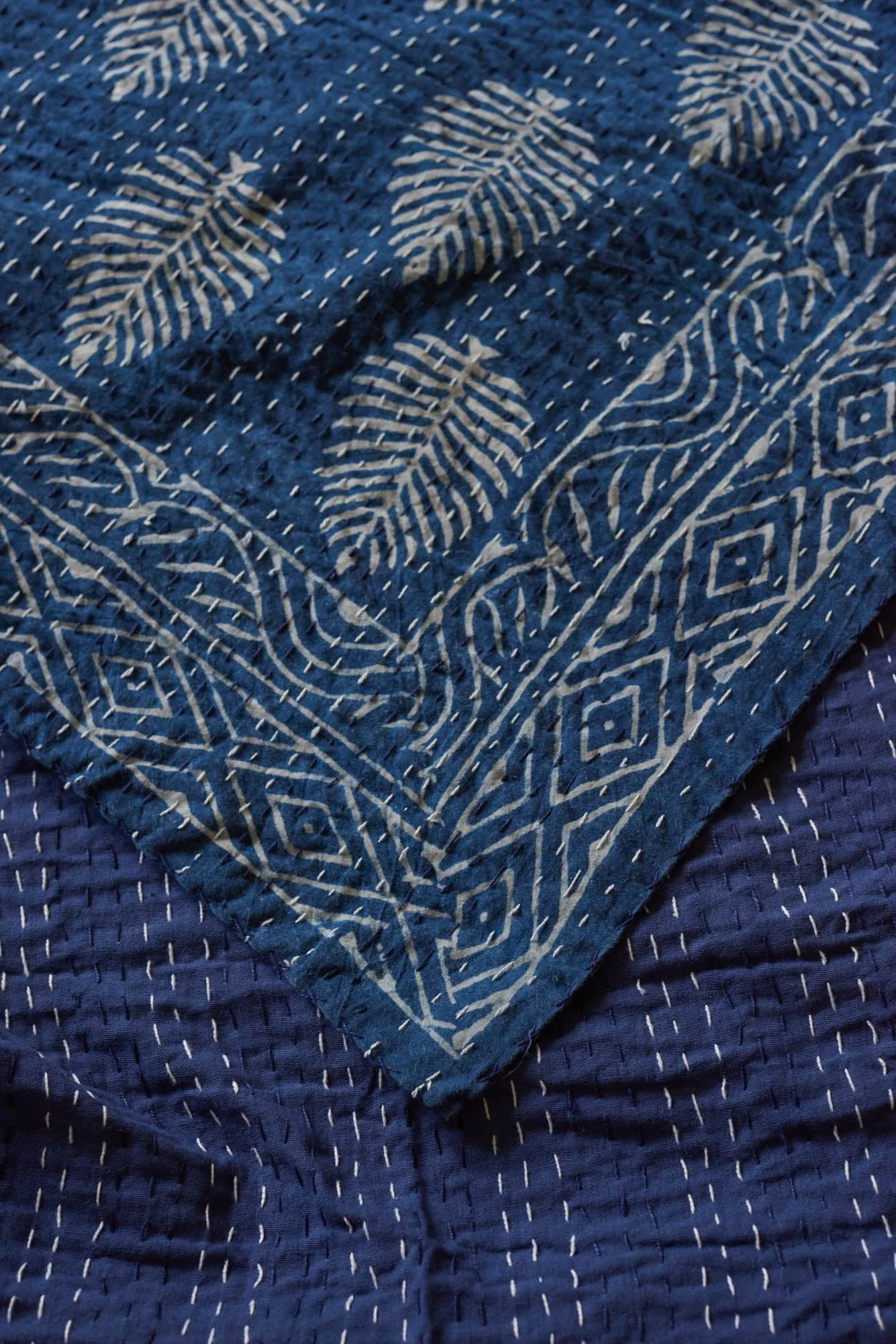 Kantha Quilt Indigo Leaves