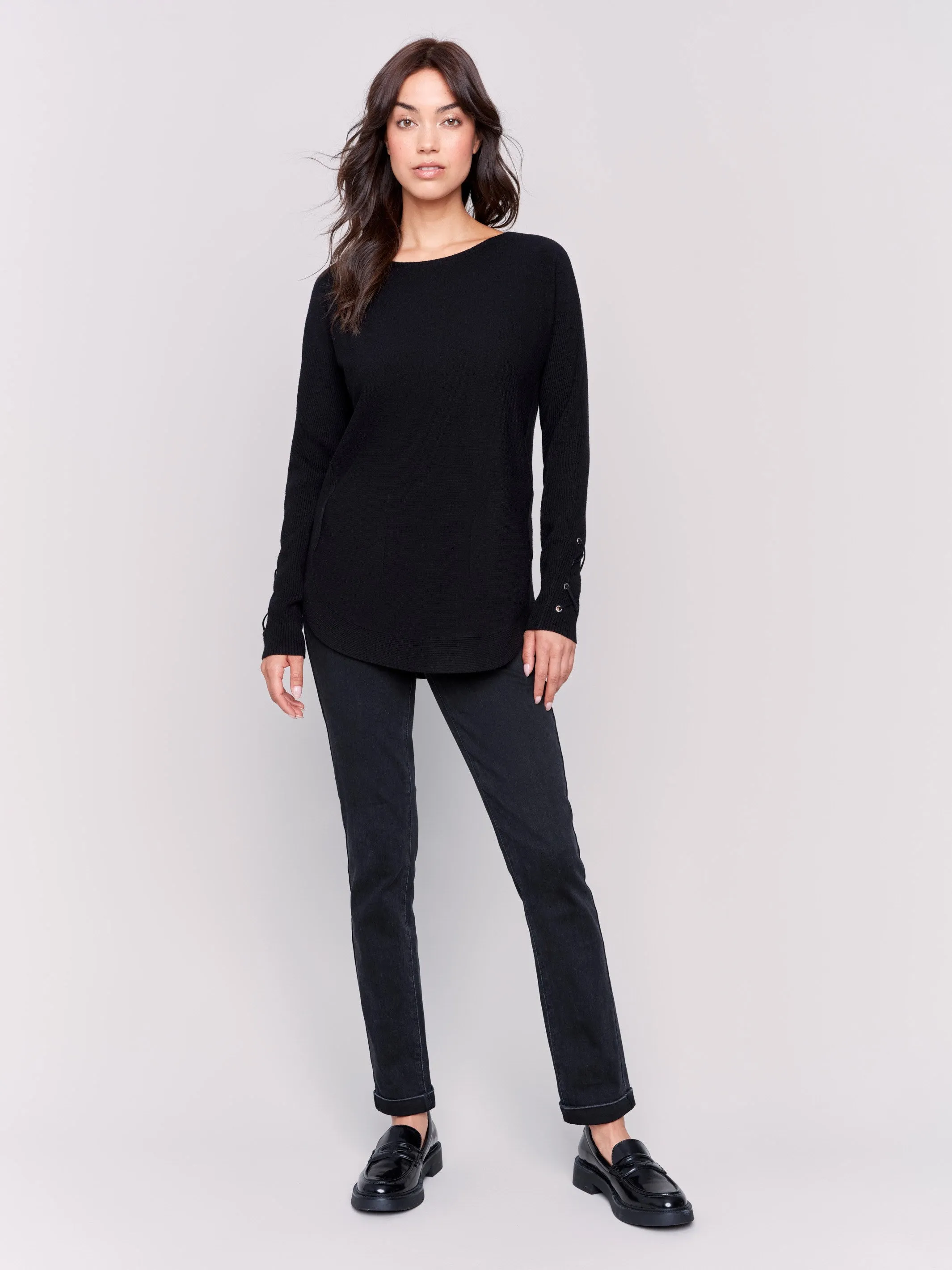 Knit Sweater with Lace-Up Cuffs - Black