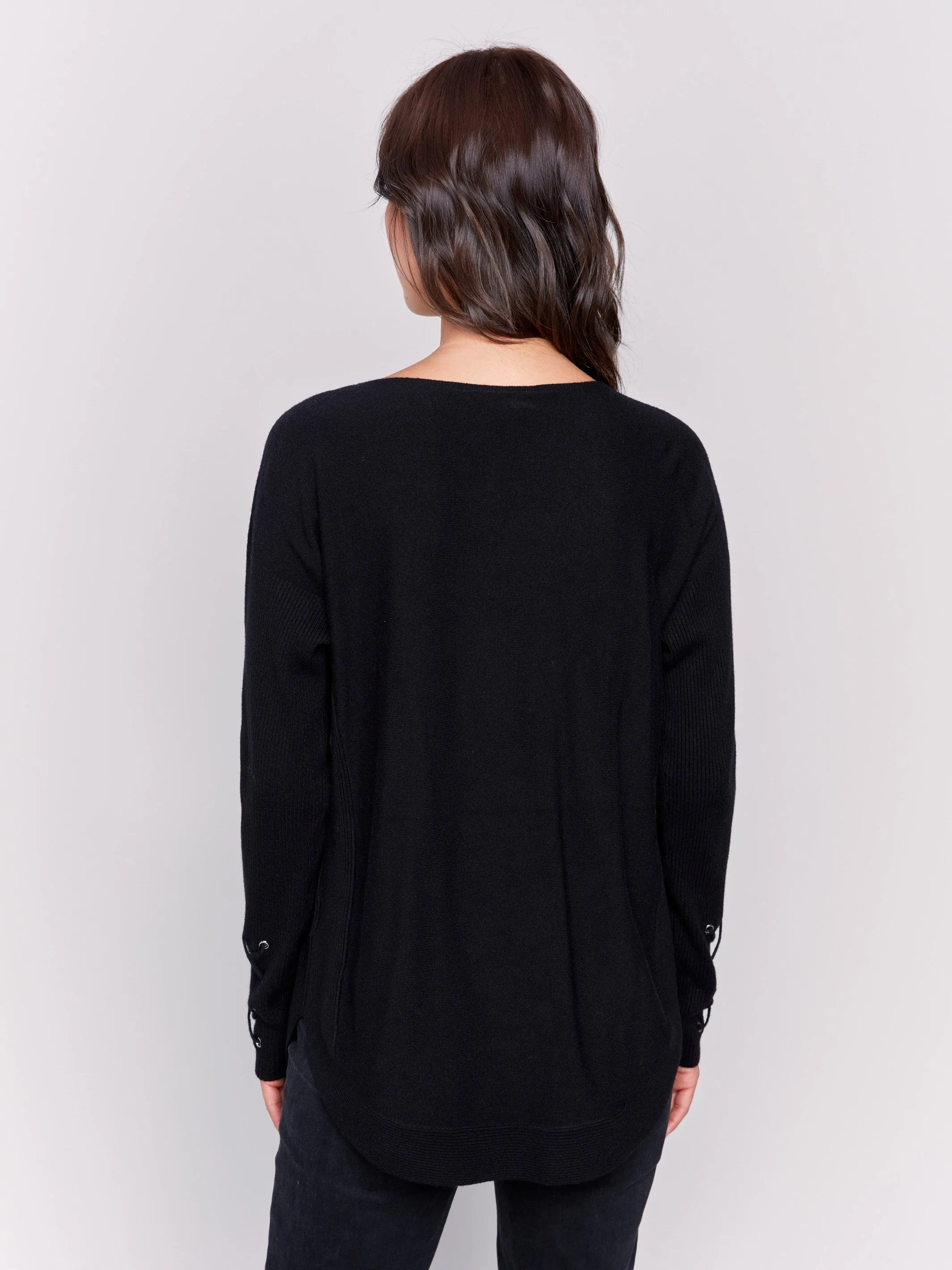 Knit Sweater with Lace-Up Cuffs - Black