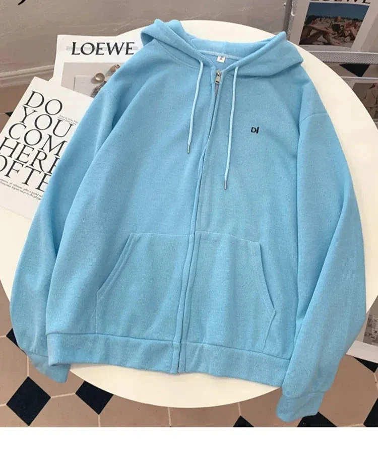 Metaversmall Women's Sweatshirts Autumn Hooded Embroidered Letter Hoodies Loose Simple Thin Coat Zip-up Top Female Cardigan 8 Colors