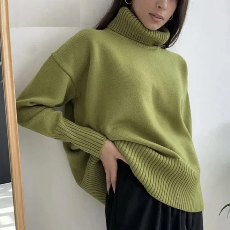 Wenkouban Women's Turtleneck Long Sleeve Sweater Knitted Green Casual Female 2022 Autumn Winter Jumper Elegant Ladies Pullover Sweaters