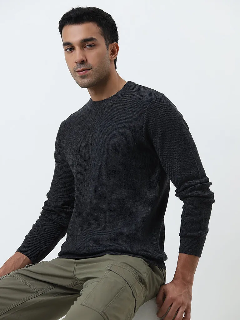 WES Casuals Navy Textured Slim-Fit Sweater