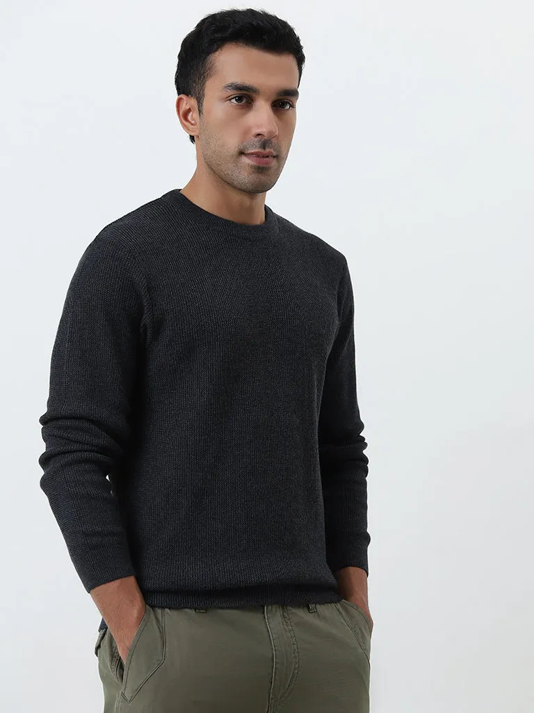 WES Casuals Navy Textured Slim-Fit Sweater