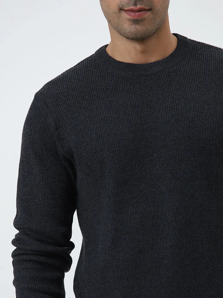 WES Casuals Navy Textured Slim-Fit Sweater