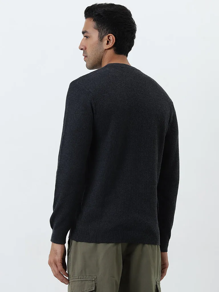 WES Casuals Navy Textured Slim-Fit Sweater